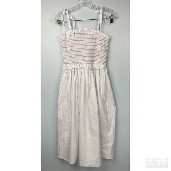 English Factory Smocked White Rainbow Midi Dress W/Pockets Adjustable Ties Sz M - Picture 3 of 16